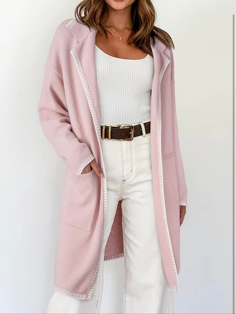 Blush Pink Open-Front Long Knit Cardigan